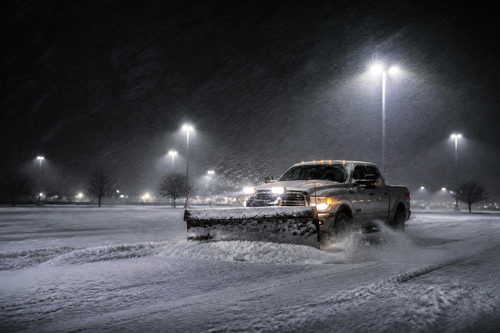 Plow truck clearing a commercial parking lot during a Minnesota snowstorm at night
